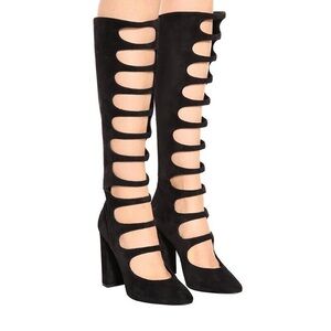 SAINT LAURENT Black Suede Caged Cut-out Knee Joplin 105 KNEE BOOTS